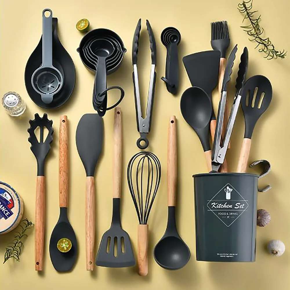Hi Tech Kitchen Accessories - 실리콘 식기 세트, 검은색 논스틱 조리기구,