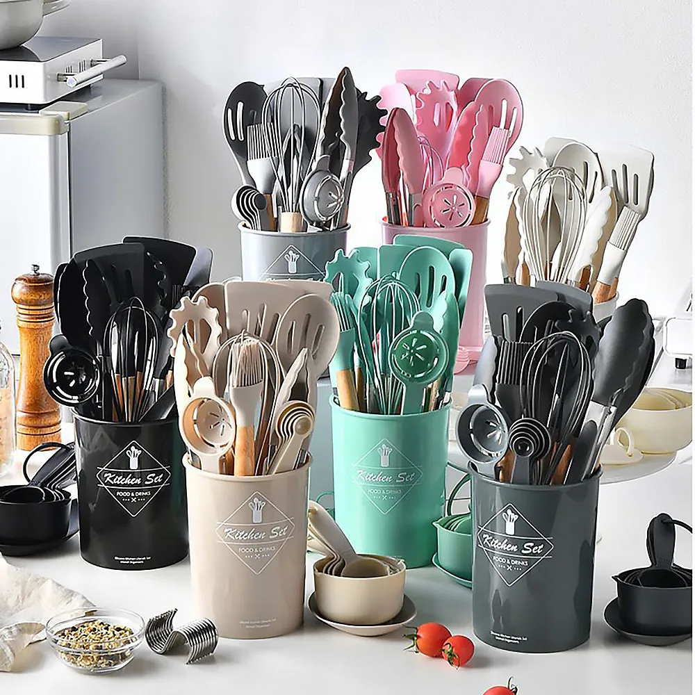 실리콘 식기 세트, 검은색 논스틱 조리기구, 나무 손잡 - Hi Tech Kitchen Accessories 리뷰 및 가격